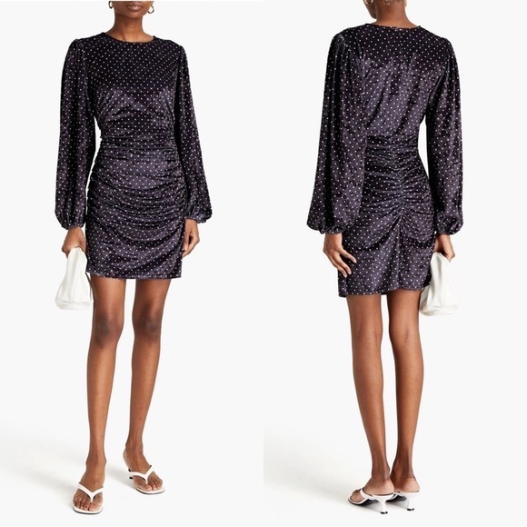 NWT GANNI Ruched Polka Dot Velour Mini Dress Black Small - Picture 1 of 6